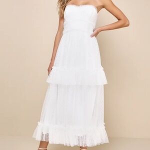 Delightful Bliss White Mesh Swiss Dot Strapless Midi Dress Lulus — Size XS